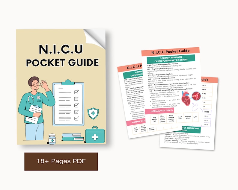 K&ouml;nnte beinhalten: Ein farbenfroher illustrierter Leitfaden f&uuml;r die Neugeborenen-Intensivstation (NICU) mit einem Cartoon-Arzt und einer Checkliste. Der Leitfaden enth&auml;lt Informationen &uuml;ber h&auml;ufige kardiopulmonale Erkrankungen bei Neugeborenen, normale Vitalwerte und Atemnot.