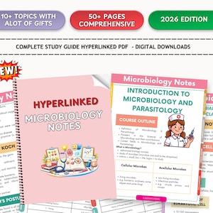 May include: A collection of digital study guides for microbiology, featuring colorful covers with titles like "Microbiology Notes" and "Introduction to Microbiology and Parasitology." The guides include topics, gifts, and are 50+ pages long. The 2026 edition is available as a digital download.