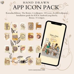 Op de afbeelding: Een digitaal app-icoonpakket met een Ramadan-thema. Het pakket bevat 100 iconen, 6 wallpapers en 2 extra wallpapers. De afbeelding toont een smartphone met een scène van mensen die rond een tafel verzameld zijn. De tekst zegt "HAND DRAWN APP ICON PACK".