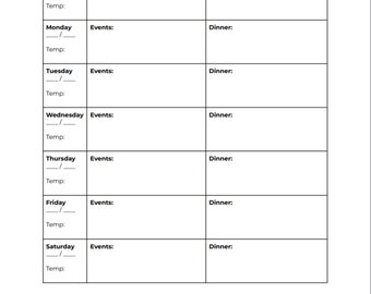 May include: A printable weekly grocery plan template with sections for each day of the week, including Sunday, Monday, Tuesday, Wednesday, Thursday, Friday, Saturday. Each day has space to list events and dinner plans. There is also a section for other items, such as breakfast, lunch, special occasion, dessert, etc.