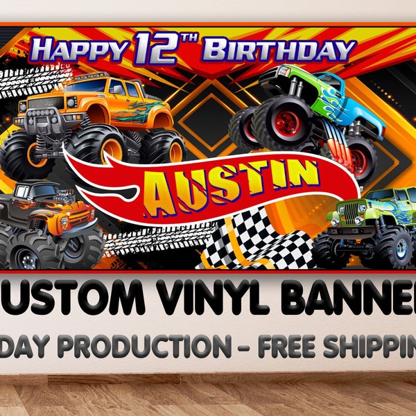 Monster Truck Theme Birthday Banner, Monster Truck Birthday Backdrop, Full Color Personalized Birthday Banner, Monster Jam Banner