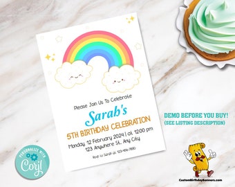 Kids Rainbow Personalized Birthday Party Invitation, Kids Rainbow Birthday Invite, Instant Download Printable