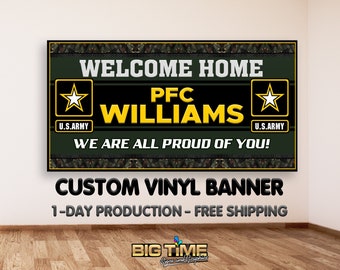 United States Army WELCOME HOME Banner, Armed Forces Personalized Banner - Customize Name, Rank and Message. Free Shipping 1 Day Production