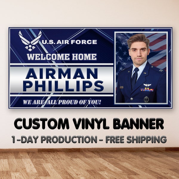 US Air Force Banner, Welcome Home Banner Backdrop With Photo, United States Air Force, Ships In 1 Day, Free Shipping, Made in the USA