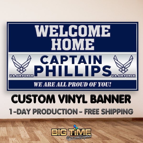 Air Force WELCOME HOME Banner, Armed Forces Personalized Banner - Customize with Name, Rank and Message. Free Shipping 1 Day Production