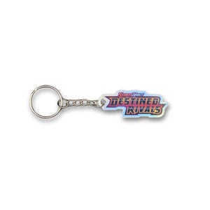 May include: A holographic keychain with the words "DESTINED RIVALS" in a colourful design. The keychain has a silver-coloured ring and chain, with the words "SCARLET & VIOLET" above the main text.