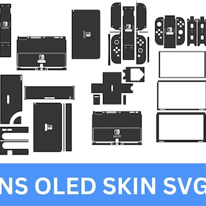 May include: A black and white digital illustration of a Nintendo Switch OLED console skin template. The template includes all the pieces needed to cover the console, including the screen, back, buttons, and joy-cons.