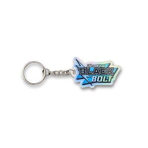May include: A keychain featuring the text "BLACK BOLT" in black and blue, with "SCARLET & VIOLET" above. The keychain has a silver-colored ring and chain, and the design is on a light blue, star-shaped background.