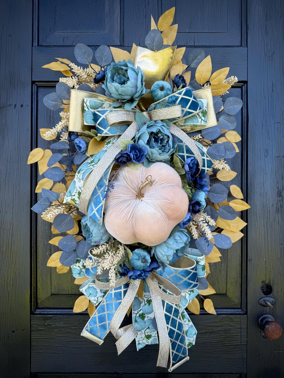 Blue & Gold Pumpkin Swag Wreath: Elegant Fall Front Door Decor - Etsy