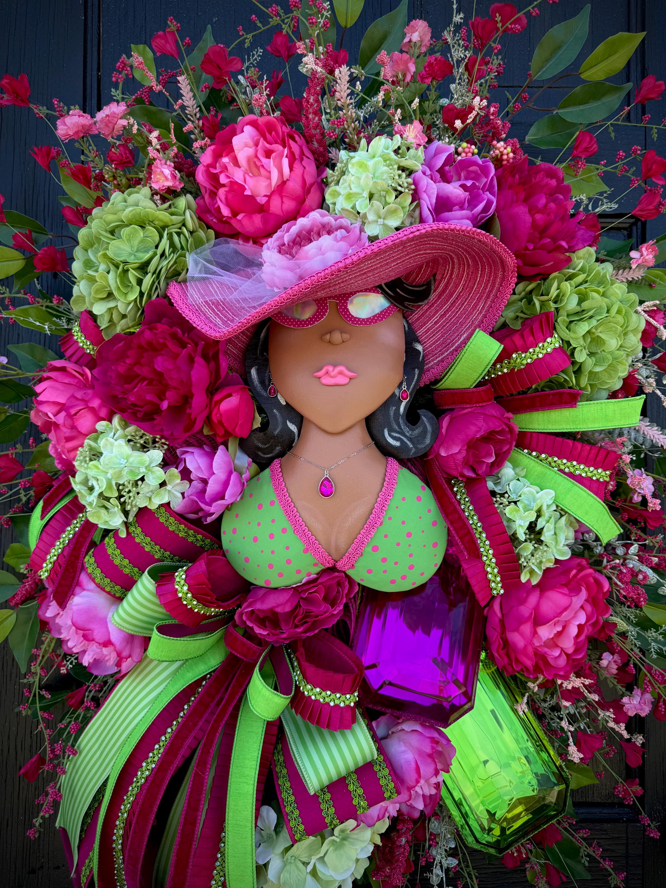 フラワーリース エメラルド ミント グリーン 玄関リース ガーベラ ローズ176 Floral Lady Wreath, Pink Green Peonies Hydrangeas Summer Door