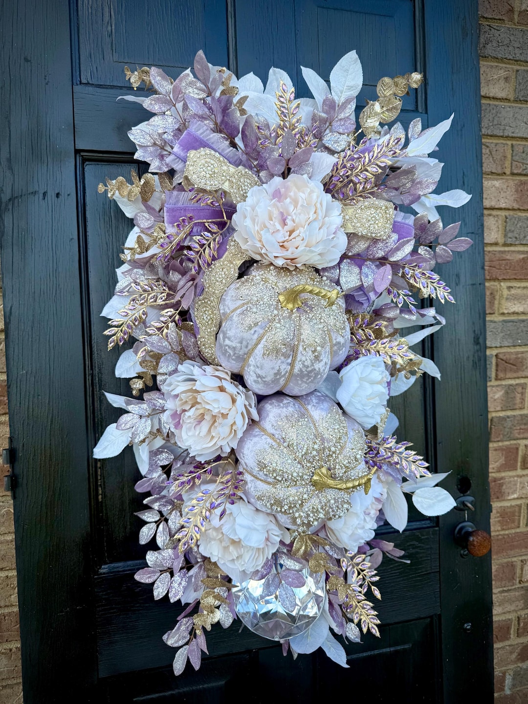 Glam Pumpkin Swag Wreath Fall Door Decor, Purple Gold Glitter Autumn ...