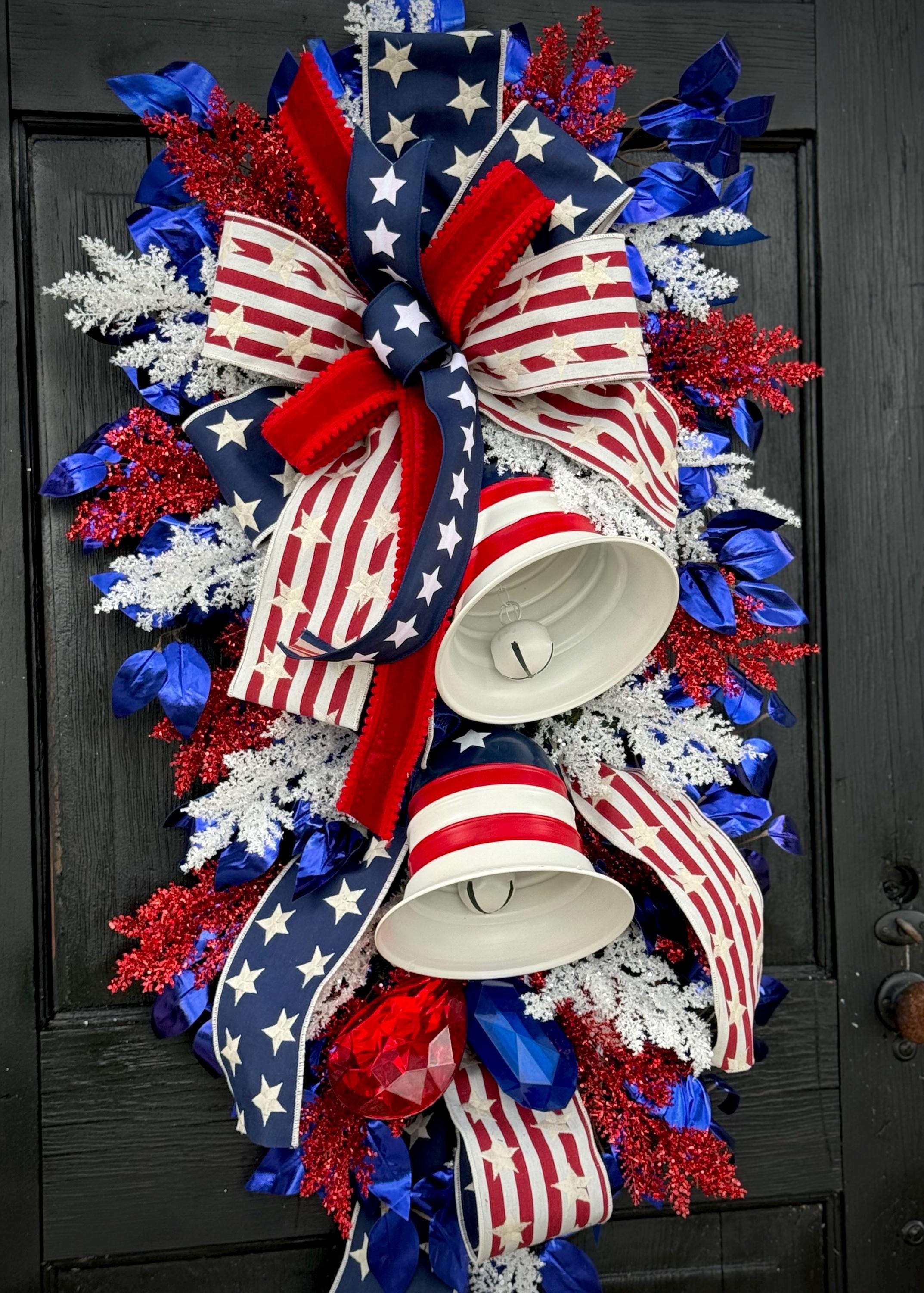 Patriotic Door Swag With Bells, Red White Blue Americana Wreath, 4th of ...