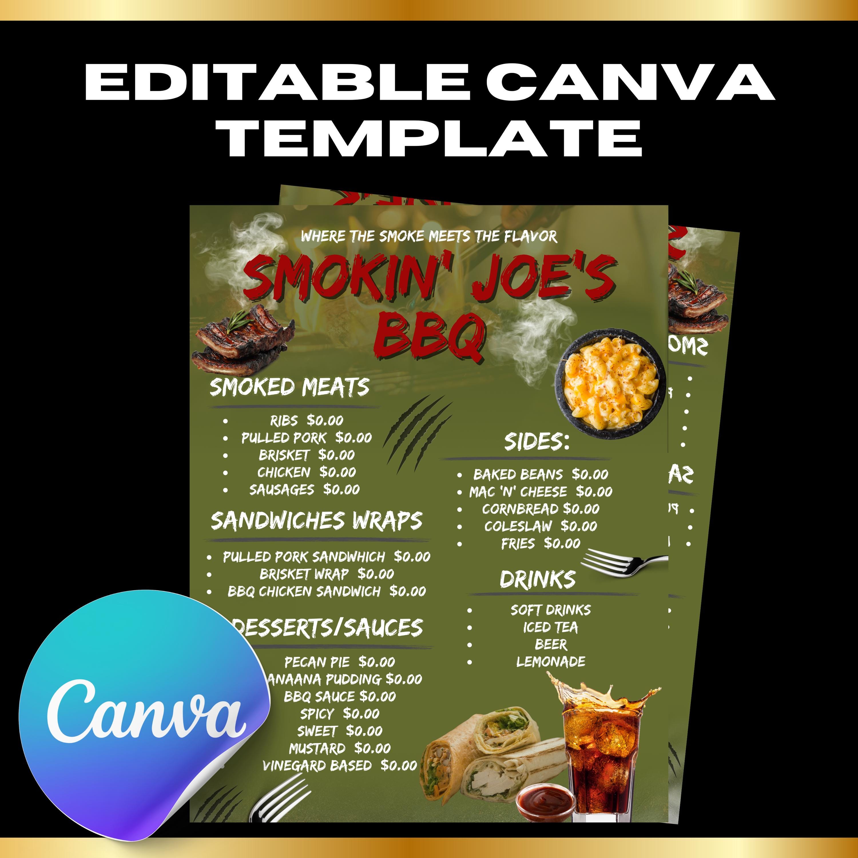 Editable Smoked BBQ Restaurant Menu Canva Template