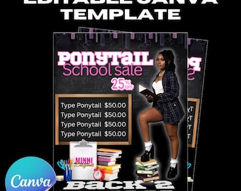 Bewerkbare flyer prijslijst paardenstaart | Terug naar school-canvasjabloon voor haarverkoop | Digitale flyer voor haarstylisten