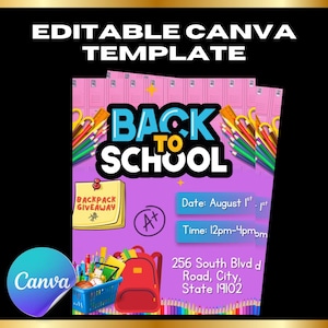 Back to School Flyer Editable Template | Backpack Giveaway Event Flyer | Kids School Supply Drive | Canva Pro Editable Download
