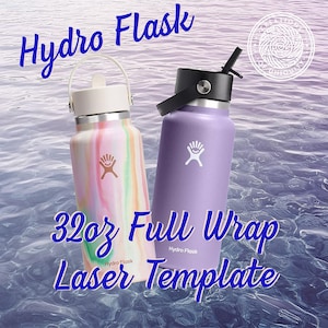 Op de afbeelding: Twee Hydro Flask waterflessen. Eén is een werveling van pastelkleuren, de andere is paars. Beide hebben het Hydro Flask-logo en een zwart deksel. De tekst op de afbeelding luidt "Hydro Flask" en "32oz Full Wrap Laser Template."