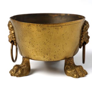 Antique English Brass Cauldron Planter: Lion Head Handles, Claw Feet, Stamped England