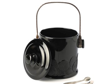 Vintage Black Glass Ice Bucket with Brass Handle, Lid, Tongs | MCM Barware