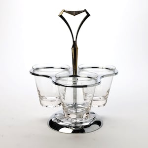 Vintage Kromex Chrome Condiment Caddy | 3 Glass Cups | MCM Relish Server