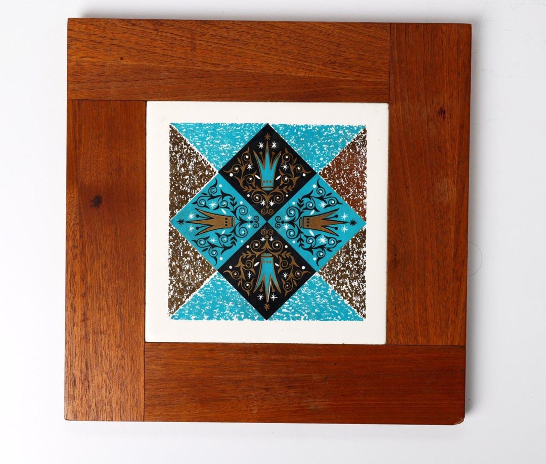 Tin Rivet Frame Vintage Mid Century Modern Tile Trivet – Teak Frame With Atomic ...