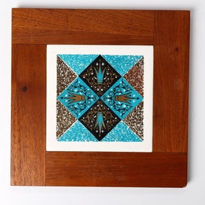 Vintage Mid Century Modern Tile Trivet – Teak Frame with Atomic Starburst Design
