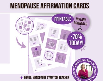 Könnte beinhalten: Druckbares Set von Wechseljahre-Affirmationskarten in Lila und Weiß. Die Karten enthalten positive Affirmationen und sind sofort zum Download verfügbar. Das Bild enthält auch einen Bonus-Menopausen-Symptom-Tracker.