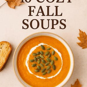 Puede incluir: Un cuenco de sopa naranja con un remolino de crema y semillas de calabaza, acompañado de una rebanada de pan y hojas de otoño. El texto dice "10 COZY FALL SOUPS".