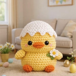 Puede incluir: Un juguete de pollito tejido a mano en amarillo, con una parte superior blanca en forma de cáscara de huevo. Tiene un pico y patas naranjas, ojos negros y una pequeña flor. El pollito sostiene una pequeña flor blanca con una hoja verde.