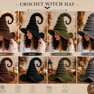 May include: A collection of crochet witch hats in brown, black, olive green, and gray. Each hat features a wide brim and a tall, spiraling point. The image includes the text "CROCHET WITCH HAT" and "HANDMADE MAGIC IN EVERY STITCH".