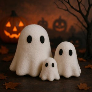 Op de afbeelding: Drie witte vilten spookfiguren met zwarte ovale ogen, gerangschikt als een familie. Een uitgesneden pompoen en silhouetten van pompoenen zijn op de achtergrond te zien, wat wijst op een Halloween-thema. De geesten staan op een donkerbruin oppervlak.
