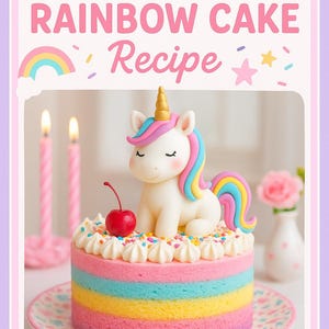 Peut inclure: Un gâteau arc-en-ciel licorne coloré avec une figurine de licorne blanche, une cerise rouge et du glaçage blanc. Le gâteau a des couches de rose, de jaune et de bleu. L'assiette a un motif rose et blanc. Le texte "UNICORN RAINBOW CAKE Recipe" est inclus.