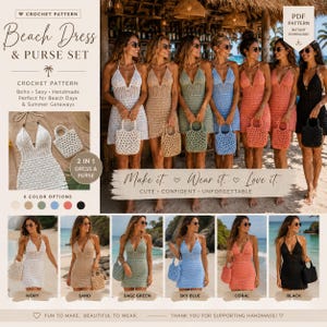 Può includere: Un modello all'uncinetto per un abito da spiaggia e un set di borse. L'immagine mostra sei donne che indossano abiti all'uncinetto di diversi colori e che portano borse abbinate. I colori includono avorio, sabbia, verde salvia, celeste, corallo e nero. Il testo recita "Make it. Wear it. Love it."