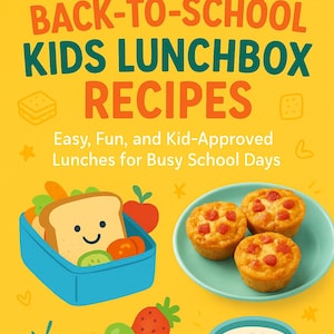Op de afbeelding: Een heldergele boekomslag met de titel "30 Back-to-School Kids Lunchbox Recepten". De afbeelding toont een blauwe lunchbox met een sandwich, een bord met mini pizza's en een fruitsaté.