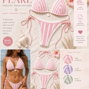 May include: A pink and white crochet bikini set with lace edging, with the text "Desert Pearl Crochet Bikini Pattern". The image also shows colour options and pattern details. Sizes XS to XL are included.