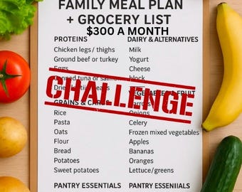 May include: A clipboard with a family meal plan and grocery list, featuring a list of proteins, dairy, grains, vegetables, and pantry essentials. Fresh produce like lettuce, tomatoes, and a banana surround the list. The word "CHALLENGE" is stamped across the list.