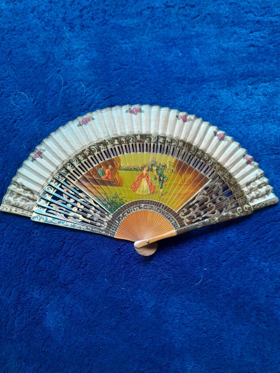 French antique hand fan hand-painted on wood