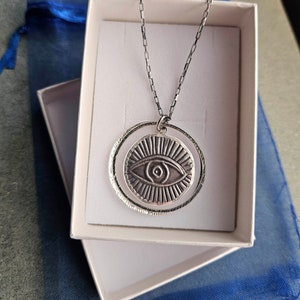 Sterling Silver Protection Eye Charm Necklace, Third Eye Amulet Statement Pendant, Evil Eye Unisex Medallion