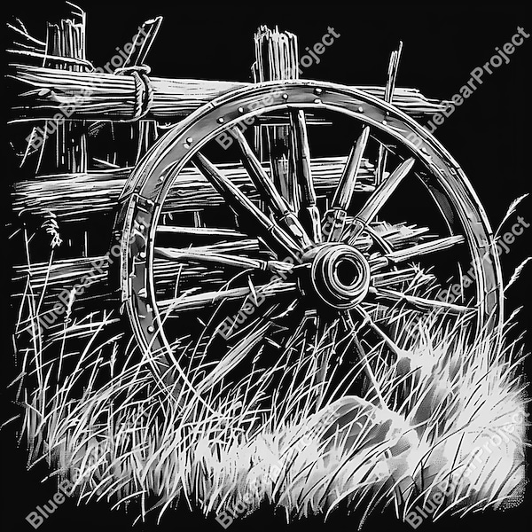 Rustic west cart wheel and old fence, Laser Engrave File, Slate coaster, PNG for laser, lightburn, xtool, CO2, glowforge vintage wagon wheel