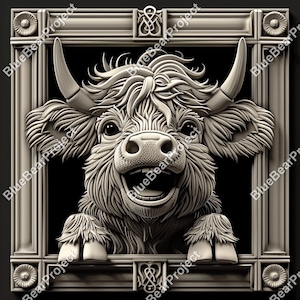 Baby Highland Cow | Laser Engrave Burn PNG | PNG file ready for engraving on wood and slate | Coaster Engraved | 3D Illusion | Digital File