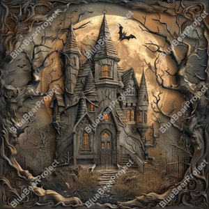 Haunted House PNG, Laser Engrave, Burn PNG, file ready for engraving on wood and slate, 3D Illusion, Digital file, Lightburn, halloween v2