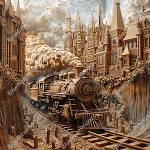 Train, Laser Engrave, Burn PNG, file ready for engraving on wood and slate, Coaster Engraved , 3D Illusion, Digital file, Railway, Lightburn
