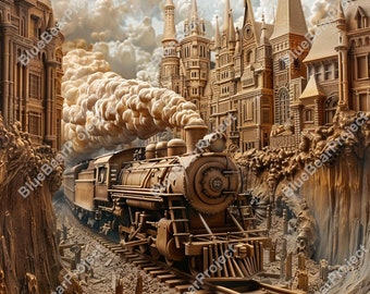 Train, Laser Engrave, Burn PNG, file ready for engraving on wood and slate, Coaster Engraved , 3D Illusion, Digital file, Railway, Lightburn