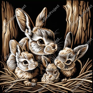Sweet bunny family, Laser Engrave, Burn PNG, ready for engraving on wood and slate, Coaster, 3D Illusion, Digital file, rabbits, hares, v2