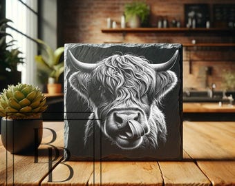 Highland cow PNG, digital file, Laser Engrave File, Slate coaster, PNG for laser engraving on slate, CO2, xtool, glowforge, lightburn