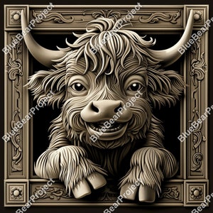 Baby Highland Cow | Laser Engrave Burn PNG | PNG file ready for engraving on wood and slate | Coaster Engraved | 3D Illusion | Digital File