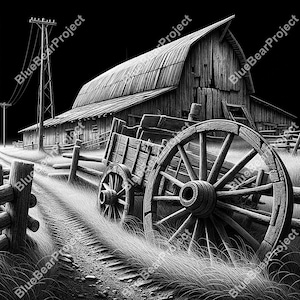 Rustieke schuur en karwiel Old West, boerderij, ranch, lasergraveerbestand, leisteenonderzetter, png voor laser, lightburn, vintage wagenwiel