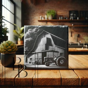Granero rústico, tractor antiguo, granja, rancho, archivo de grabado láser, posavasos de pizarra, PNG para grabado láser en pizarra, CO2, xtool, glowforge, lightburn