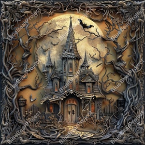 Haunted House PNG, Laser Engrave, Burn PNG, file ready for engraving on wood and slate, 3D Illusion, Digital file, Lightburn, halloween