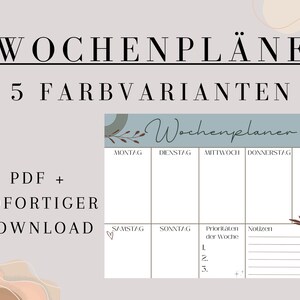 May include: A printable weekly planner with five color variations. The planner has sections for Monday through Sunday, with space for priorities and notes. The design features a light blue background with brown floral accents and a geometric pattern.