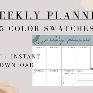 May include: A weekly planner printable with a blue, brown, and peach color scheme. The planner has sections for Monday through Sunday, as well as a section for priorities of the week and notes. The text "weekly planner" is written in cursive at the top of the page.